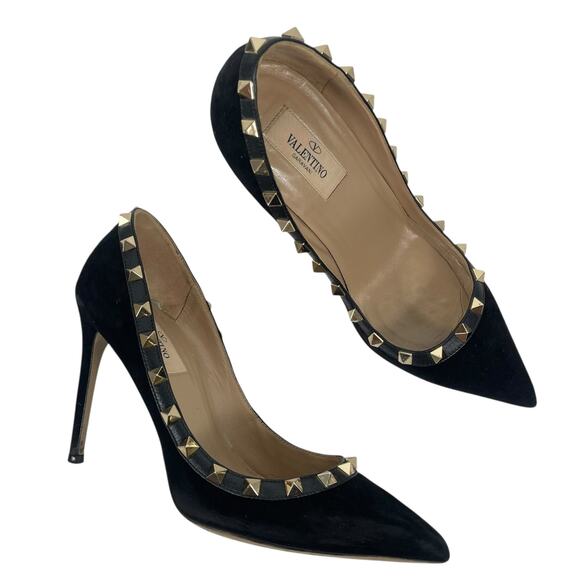 Valentino Garavani Black Rockstud Suede Pointed Toe Pump Size 36.5 - Picture 1 of 11